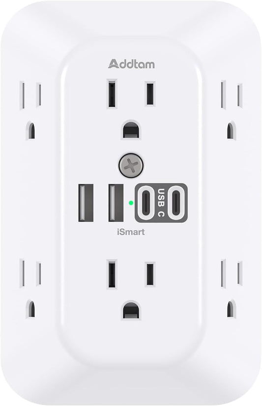 Addtam Surge Protector Outlet Extender, 6-Outlet Splitter with 4 USB Wall Charger(2 USB-C Ports), Multi Plug Wall Outlet 1800J Power Strip for Home Office Dorm Room Essentials