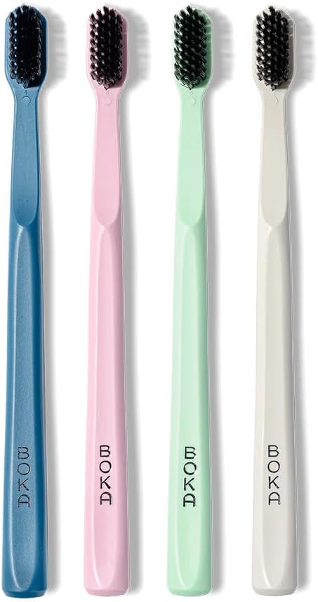 Boka Classic Manual Toothbrush with Extra Soft Activated-Charcoal, Tapered Bristles, Bioplastic Handle That Includes Travel Cap, Dentist-Approved, Great for Adults and Kids, Multi Color (Pack of 4)