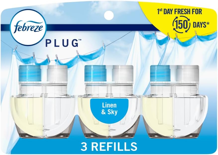 Febreze Plug In Air Freshener, Odor-Fighting Scented Oil Refill, Air Fresheners for Home and Bathroom and Kitchen, Long Lasting for Strong Odors, Linen & Sky Scent, 0.87oz Refills, 3 Count (Pack of 1)