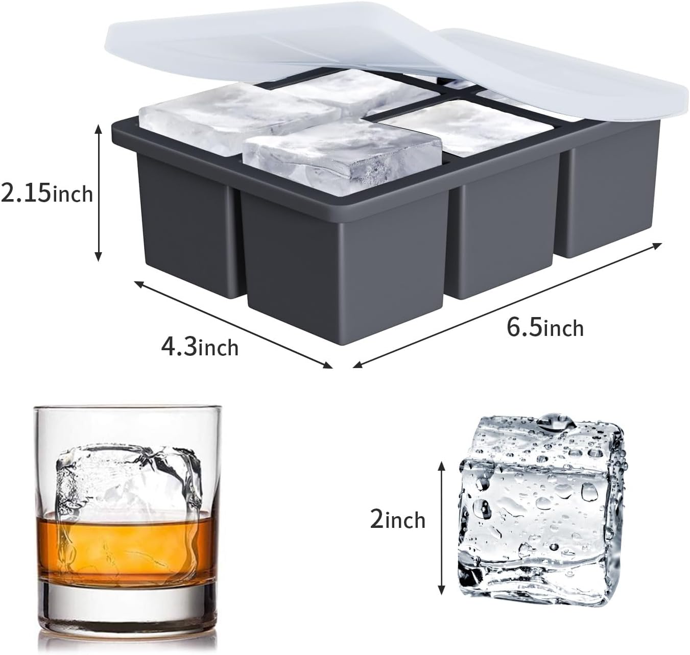Large Ice Cube Tray for Whiskey: FDDBI Silicone Ice Cube Trays with Lid - 2Pack Big Square Old Fashioned Ice Cube Maker for Cocktail - 2inch Huge Cubed Ice Trays for Whisky