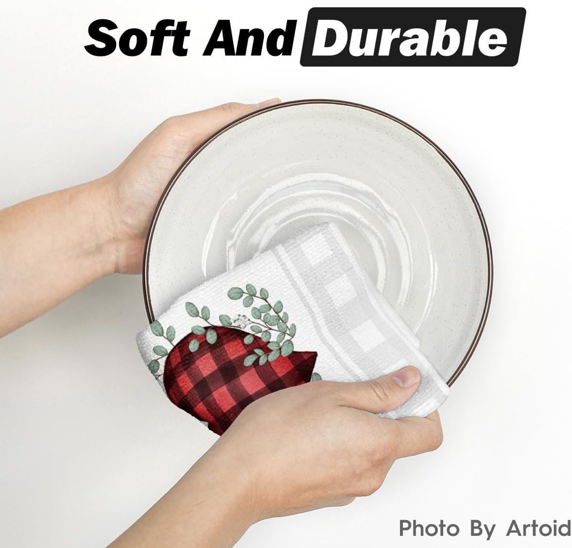 Artoid Mode Red Buffalo Plaid Heart Love Valentine's Kitchen Towels Dish Towels, 18x26 Inch Anniversary Wedding Decoration Hand Towels Set of 2