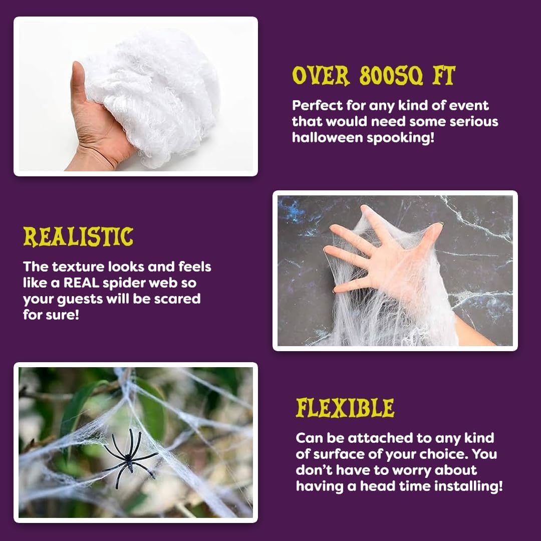 Kangaroo 200 sq. Ft Fake Spider Webs Decorations - Spiderweb Webbing Halloween Cobwebs Decor - Scary Halloween Decor Indoor Outdoor Party Wall, Graveyard Decoration Props - 4 Fake Spiders Included