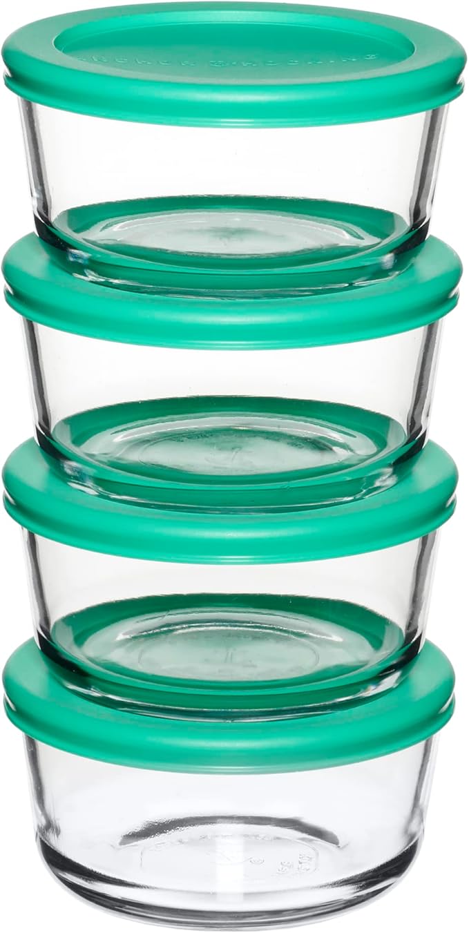 Anchor Hocking 2 Cup Glass Storage Containers with Lids, Set of 4 Glass Food Storage Containers with Mint SnugFit Lids