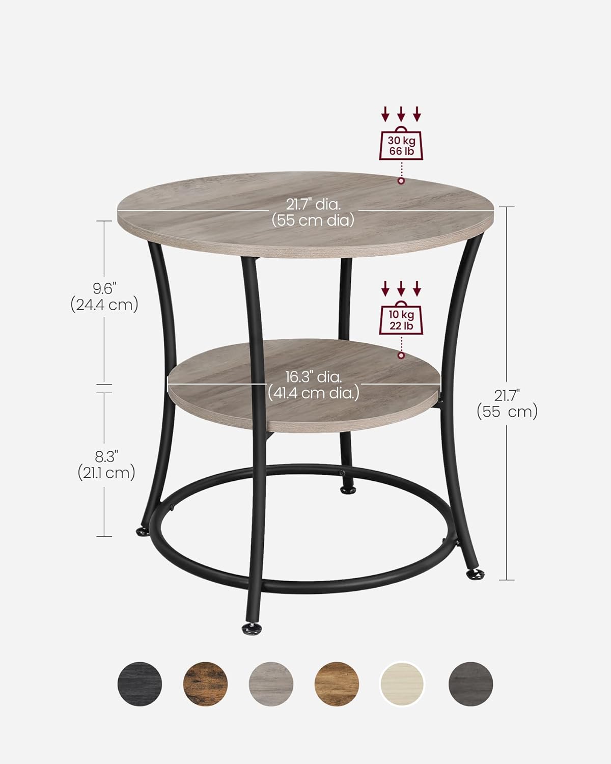 VASAGLE Side Table, 2-Tier Round End Table, Nightstand with Steel Frame for Small Spaces, Living Room, Bedroom, Heather Greige and Ink Black