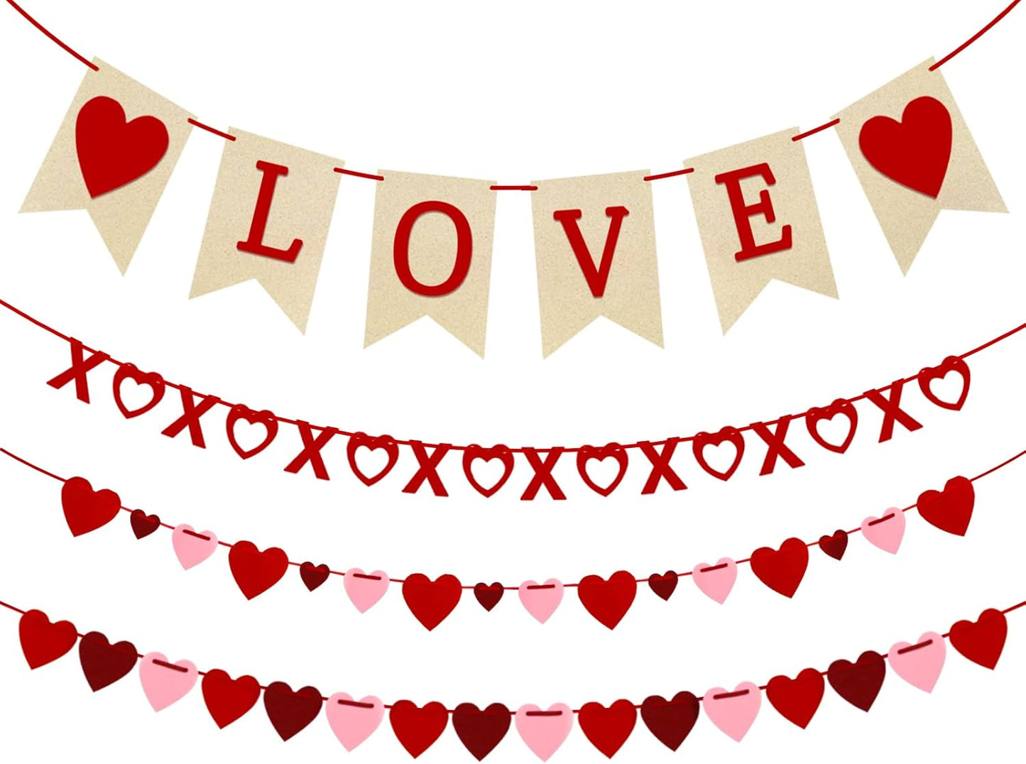4Pcs Valentines Day Decorations Valentines Day Decor Handmade Love Heart XO Garlands Banner for Engagement Wedding Party Home Classroom Office, No DIY Required