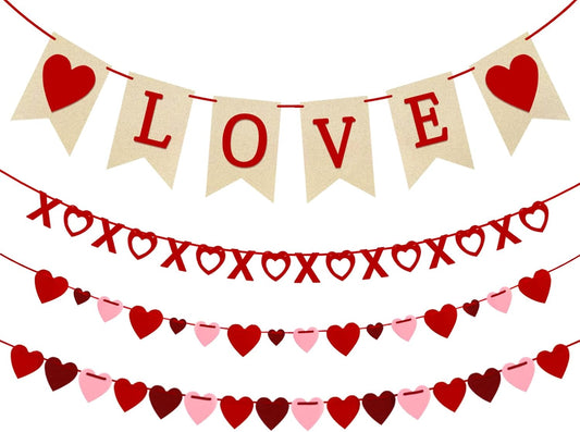4Pcs Valentines Day Decorations Valentines Day Decor Handmade Love Heart XO Garlands Banner for Engagement Wedding Party Home Classroom Office, No DIY Required