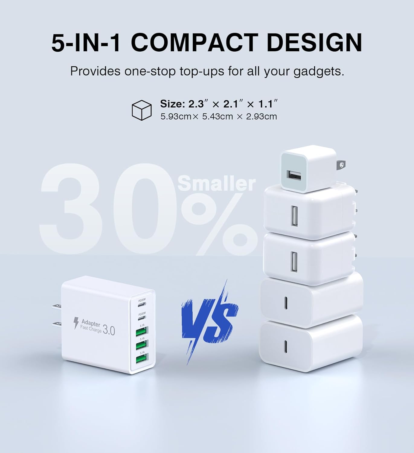 USB C Wall Charger, 50W 5-Port PD Fast USB C Charging Block,2USB C+3USB A Multiport Plug,Type C Power Adapter Brick Cube for iPhone 16/15/14/13/12/Pro Max/XS,iPad,for Switch,Samsung,Ultra 2