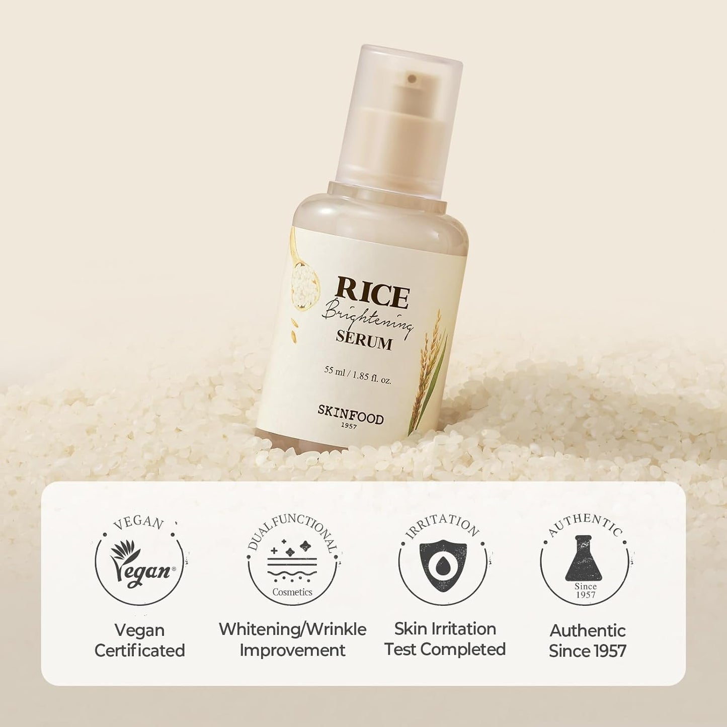 SKINFOOD Rice Daily Serum, Korean Skincare Facial Essence for Glow Glass Skin, Fermented Natural Rice Water Milk for Face, Pore Minimizing, Deep Hydrating, Dark Spot Correcting, 55ml/1.86fl.oz.