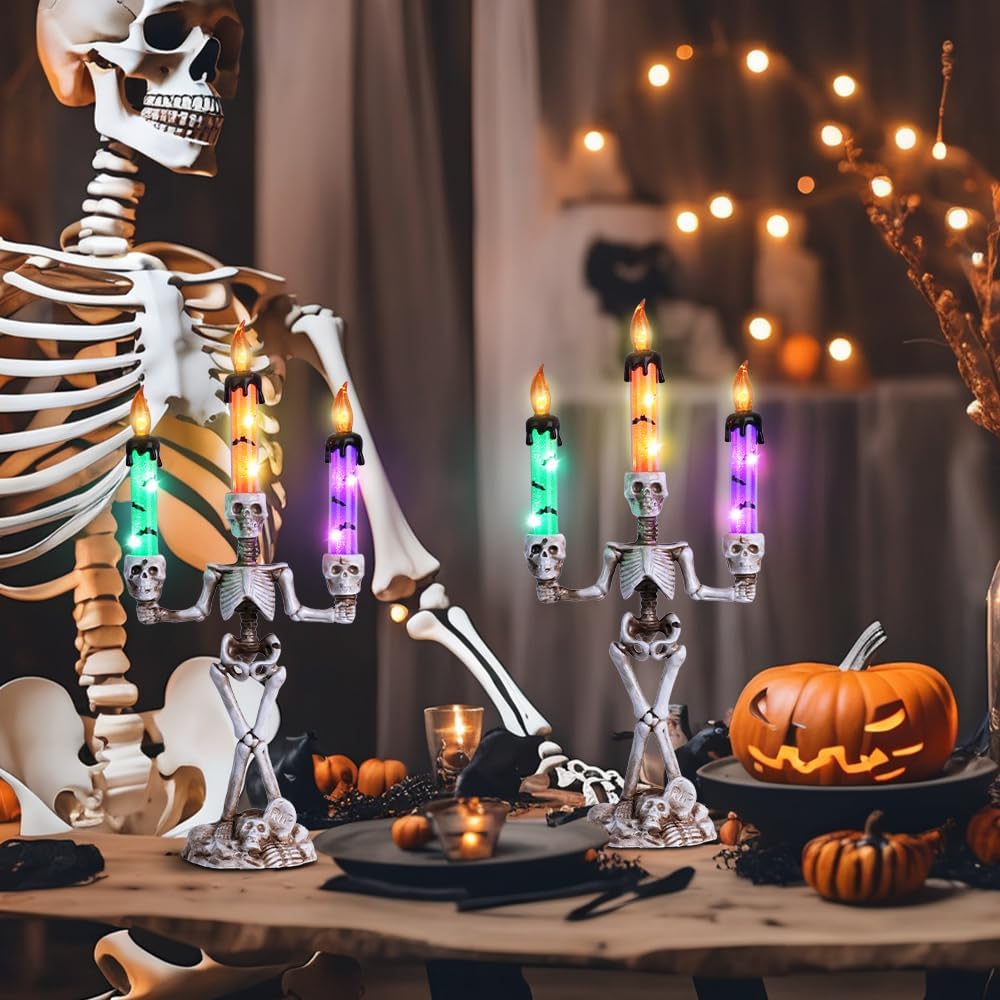 MEETYAMOR 2 Pcs Skull Halloween Candelabra Decorations Indoor, Halloween Candles Holder with LED Lights for Scary Haunted House Mansion Decor, Battery Operated Timer Candlesticks for Table Home Party