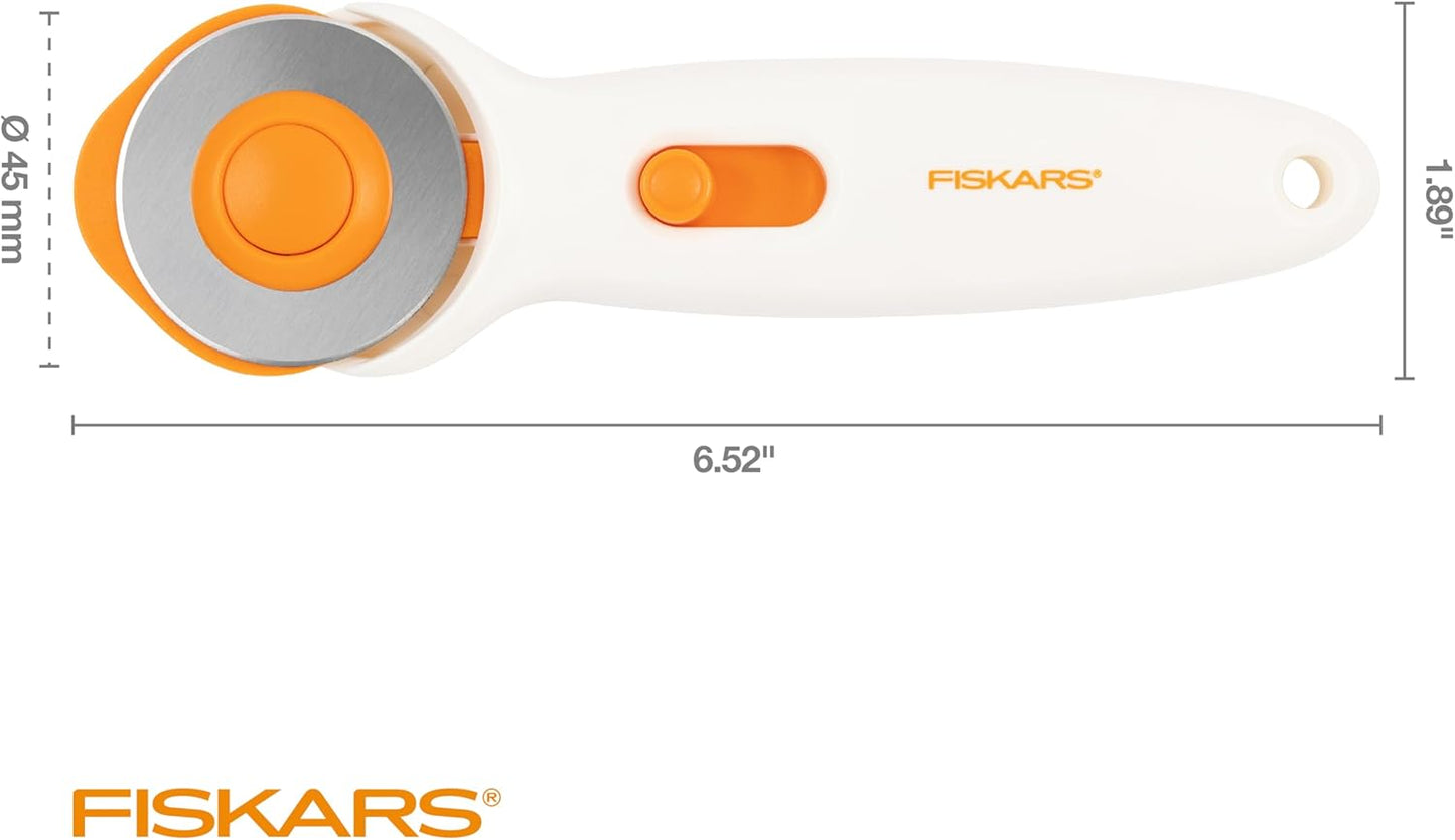 Fiskars 45mm Rotary Cutter for Fabric, Premium Steel Stick Fabric Cutter Cuts Through Multiple Layers, Right and Left Handed, Easy and Safe Blade Change, Arts and Crafts, Sewing and Quilting Tools