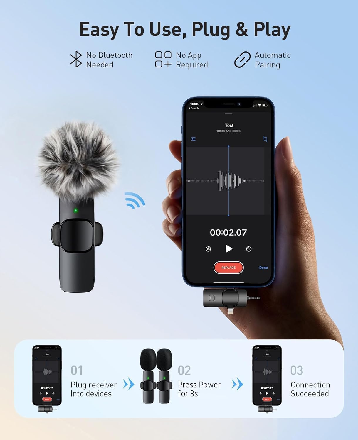 3-in-1 Mini Microphone for iPhone: Wireless Lavalier Microphones for iOS/Android/Camera - Noise Reduction Lapel Mic forLive Stream - HiDefSound for Video Mavericks - Texture Black