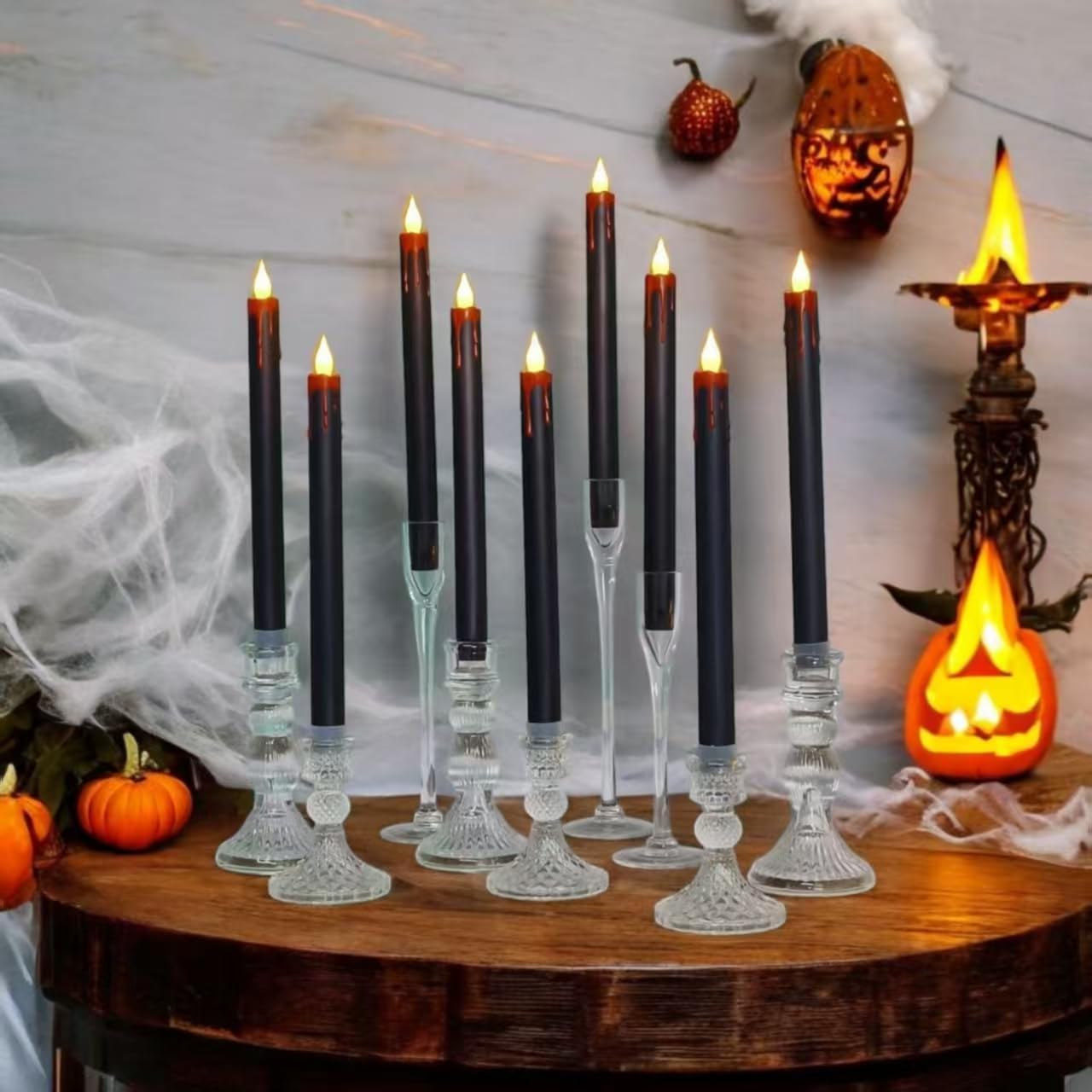 Halloween LED Flameless Taper Candles Black Red Drip with Remote Timer, 6 Pcs Candlesticks with 3D Flickering Flame for Home Fall Indoor Decorations(0.85 x 10.6 Inches)
