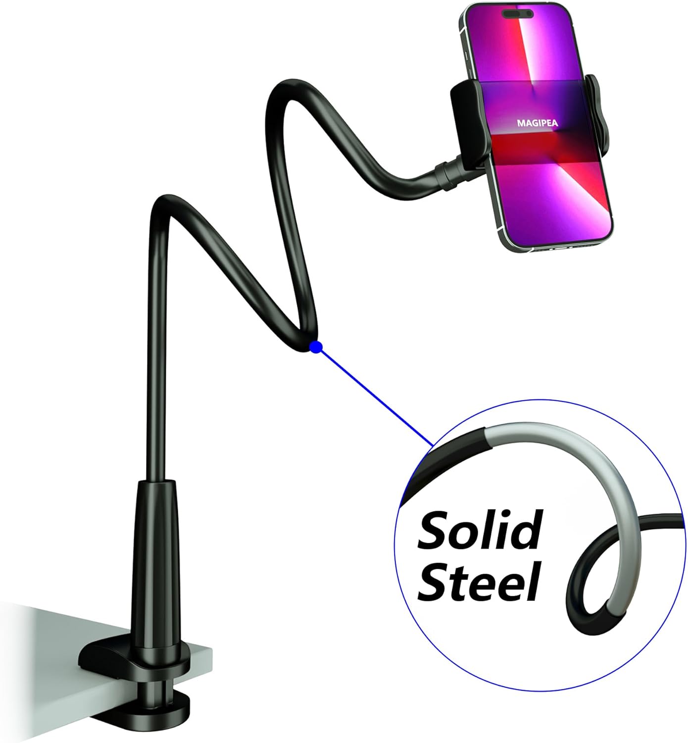 Cell Phone Clip Bed Stand Holder, with Grip Flexible Long Arm Gooseneck Bracket Mount Clamp for Desk, Compatible with iPhone 14 Pro Max XR X 8 7 6 or Other 3.5-7" Devices (Black)