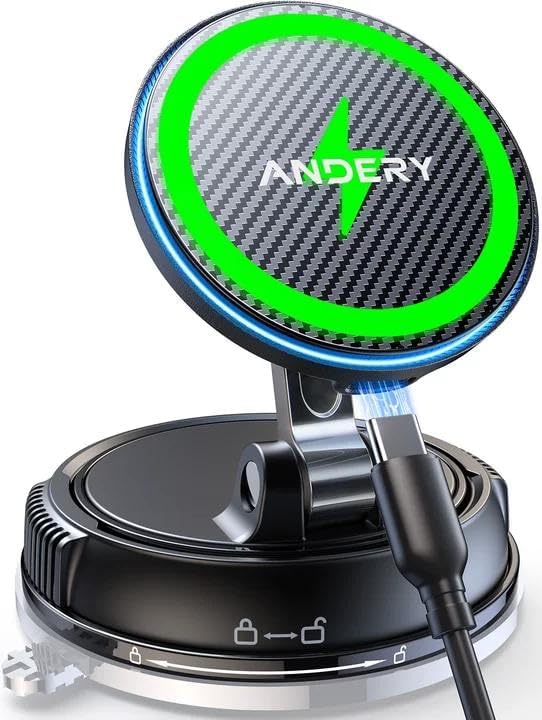 ANDERY Only for iPhone Magsafe Car Mount Charger [15W Fast Wireless Charging, 78+LBS Strong Suction, 2400gf Strong Magnetic] 360° Adjustable Car Phone Holder, Phone Holders for Your Car, Carbon Fiber