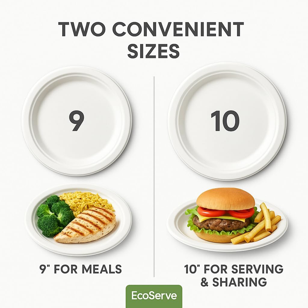 9-Inch Compostable Paper Plates, 125 Count | 100% Biodegradable Bagasse, Strong & Durable, Microwave-Safe, Soak-Proof for BBQs, Parties & Everyday Meals