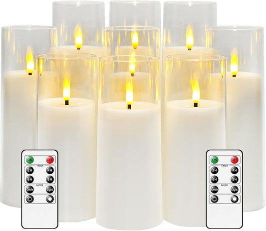 Flickering Flameless Candles Battery Operated with Remote and 2/4/6/8 H Timer Plexiglass Led Pillar Candles Pack of 9 (D2.3"xH 6"7"8")with Realistic Moving Wick Candles for Home Decor(White)