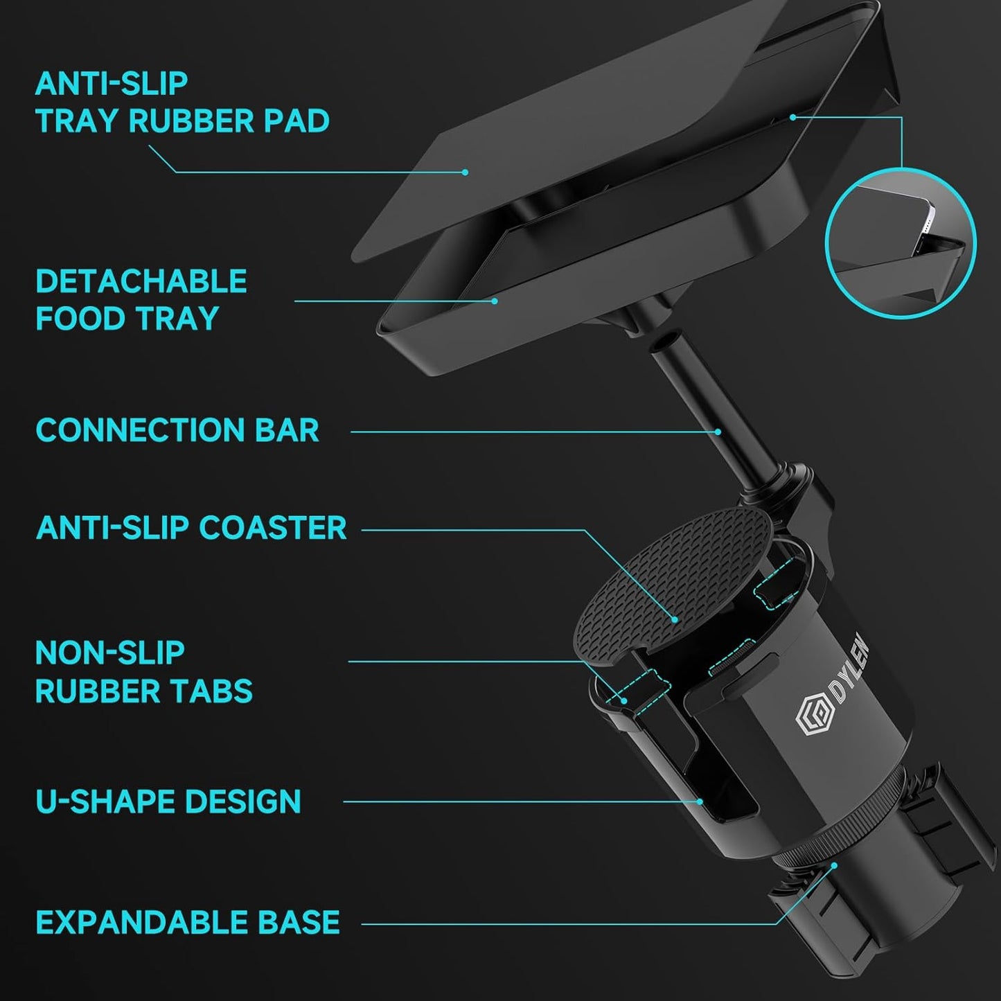 DYLEN Car Cup Holder Tray, Cup Holder Expander Adapter for Car, 9.5” Detachable Car Food Tray Table for Eating, Road Trip Essentials Fits Yeti, Hydro Flask 16-46 oz