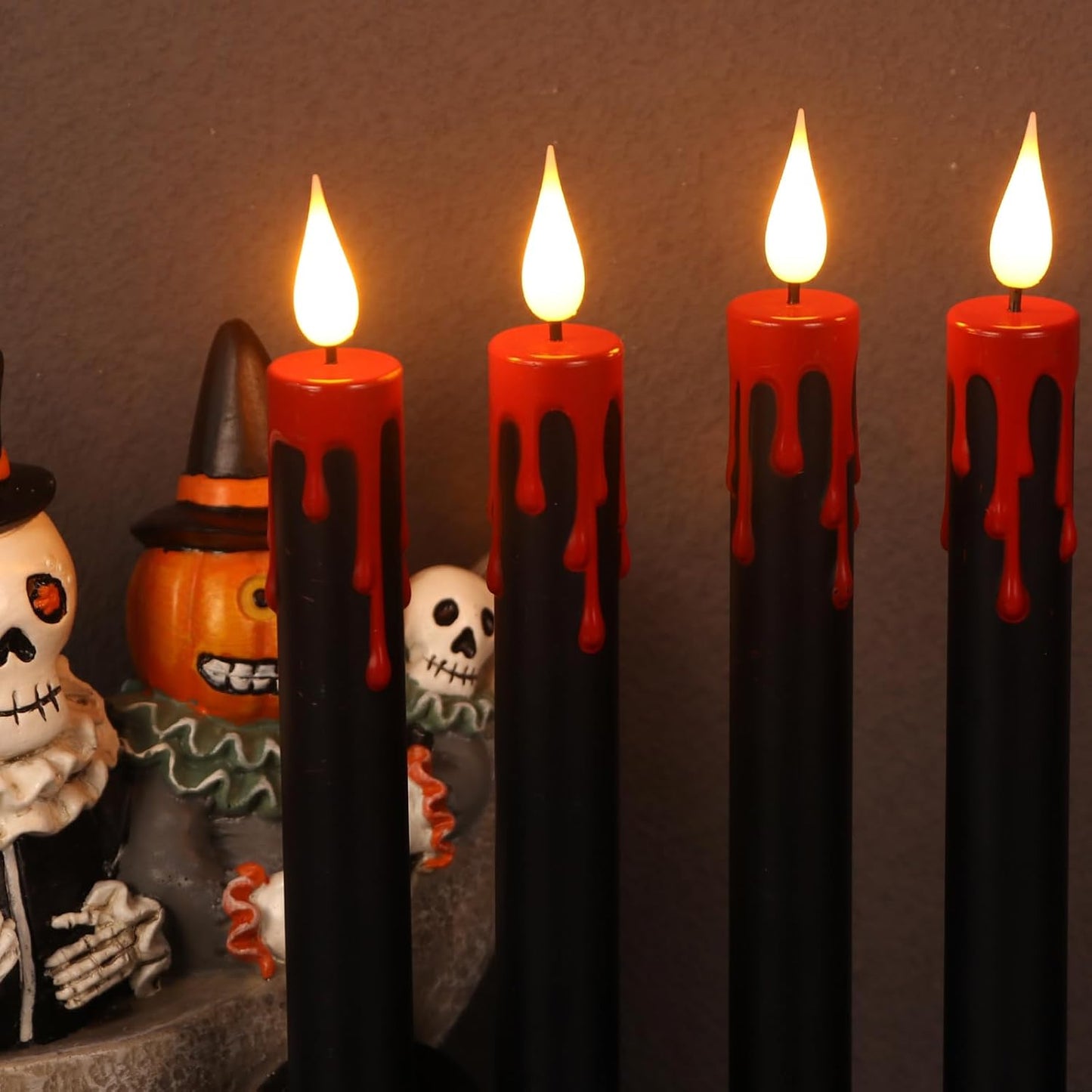 Halloween Black Flameless Taper Candles with Remote Timer, 4 Pcs Red Drip Wax LED Candlesticks with 3D Flickering Flame for Home Fall Indoor Halloween Decor(0.78 x 8.9 Inches)