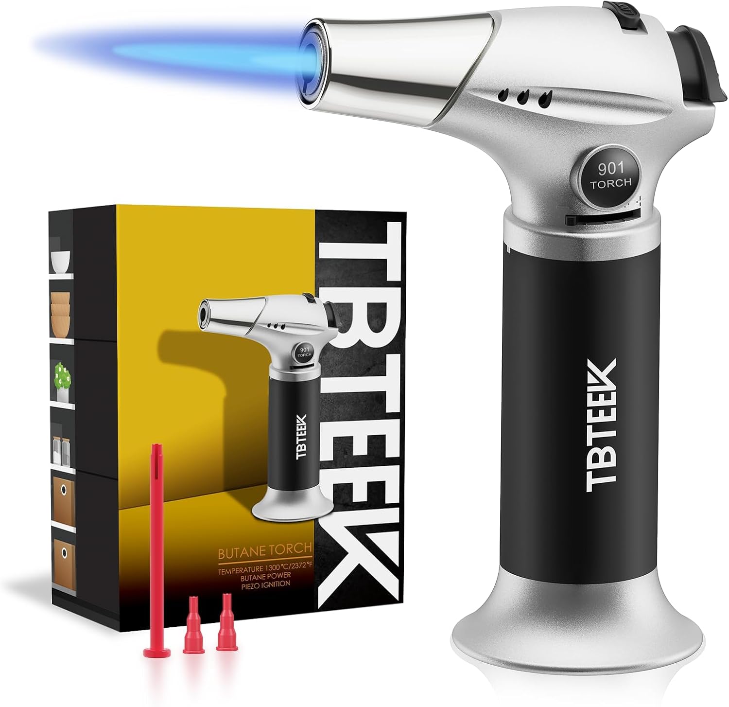 TBTEEK Butane Torch, Kitchen Torch Cooking Torch with Safety Lock & Adjustable Flame for Cooking, BBQ, Baking, Brulee, Creme, DIY Soldering(Butane Not Included)