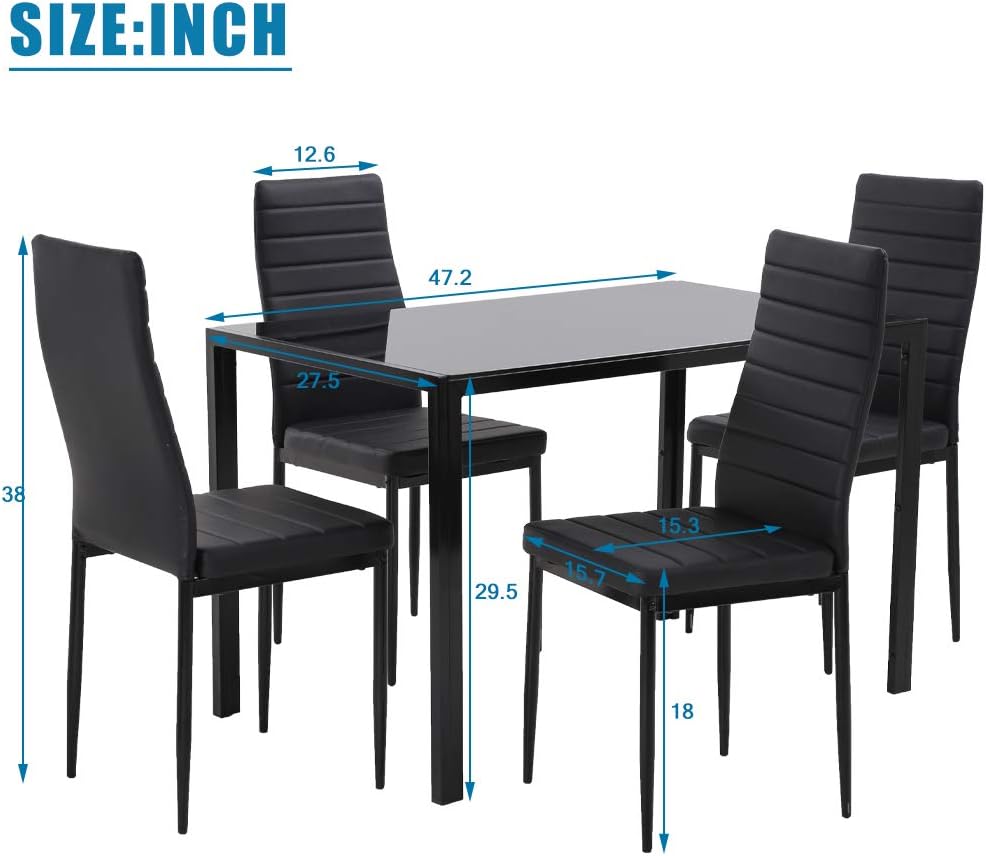 FDW | 5-Piece Dining Table Set | Black | Glass Kitchen Table with 4 Upholstered Chairs and Faux Leather Cushions | Space-Saving and Modern Design | for Dining Room, Easy to Assemble
