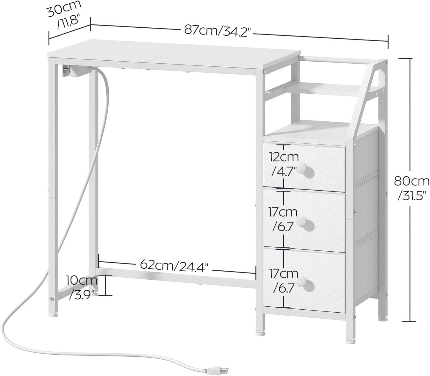 Small Vanity Desk Without Mirror, Makeup Vanity Table with Power Outlet, White Vanity with Fabric Drawers, Dressing Table, for Small Spaces, Bedroom, White
