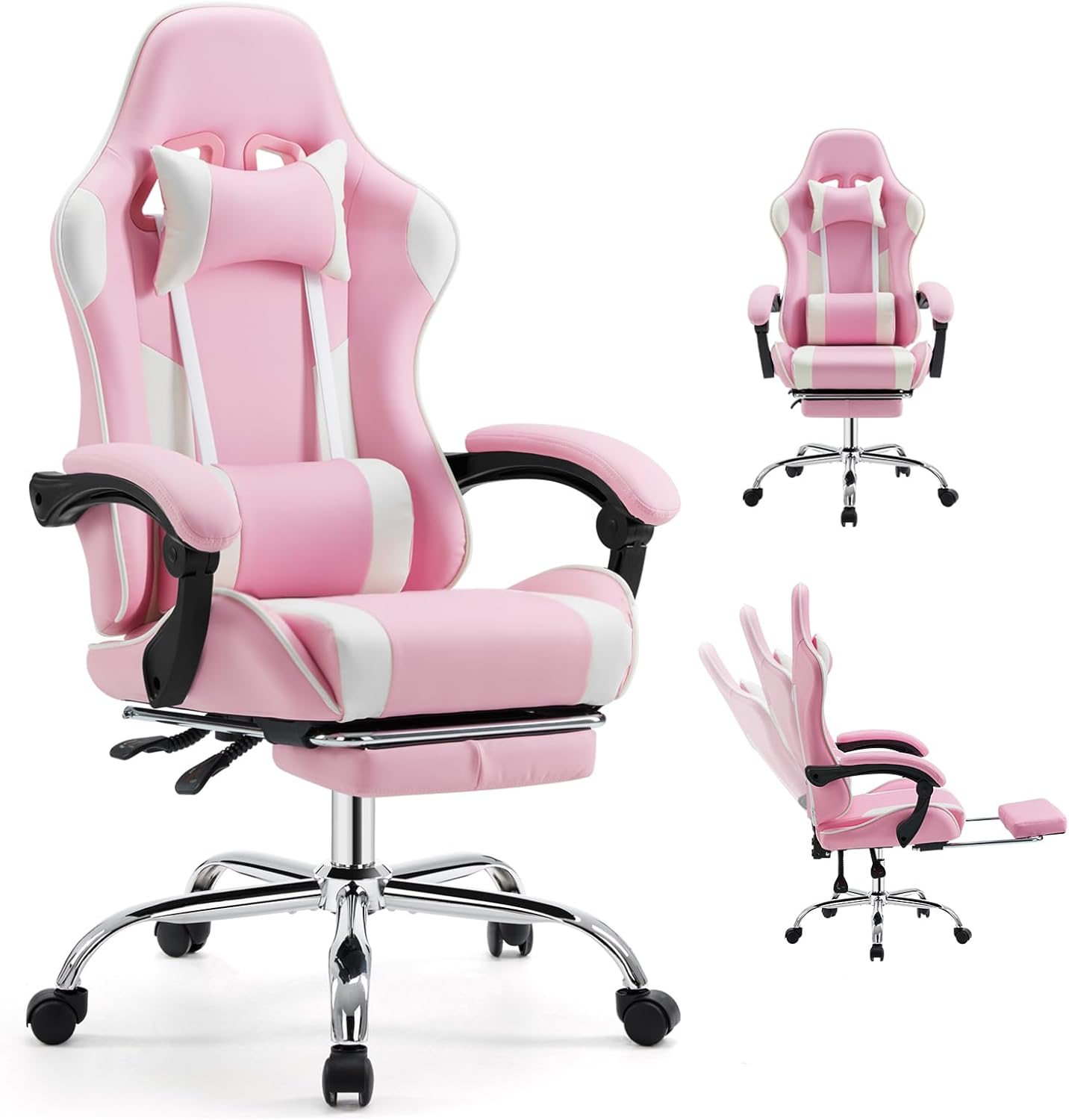 DUMOS Ergonomic Gaming Office Desk Chair with Footrest and Headrest for Adults, PU Leather Video Computer Chair with Linkage Armrests, Height Adjustable 360° Swivel Recling Chair, White Pink