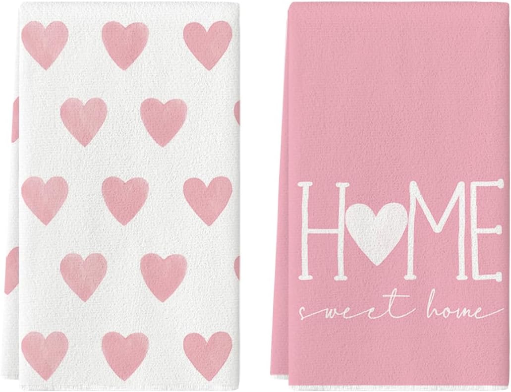 Artoid Mode Pink Heart Love Home Sweet Home Valentine's Kitchen Towels Dish Towels, 18x26 Inch Anniversary Wedding Decoration Hand Towels Set of 2