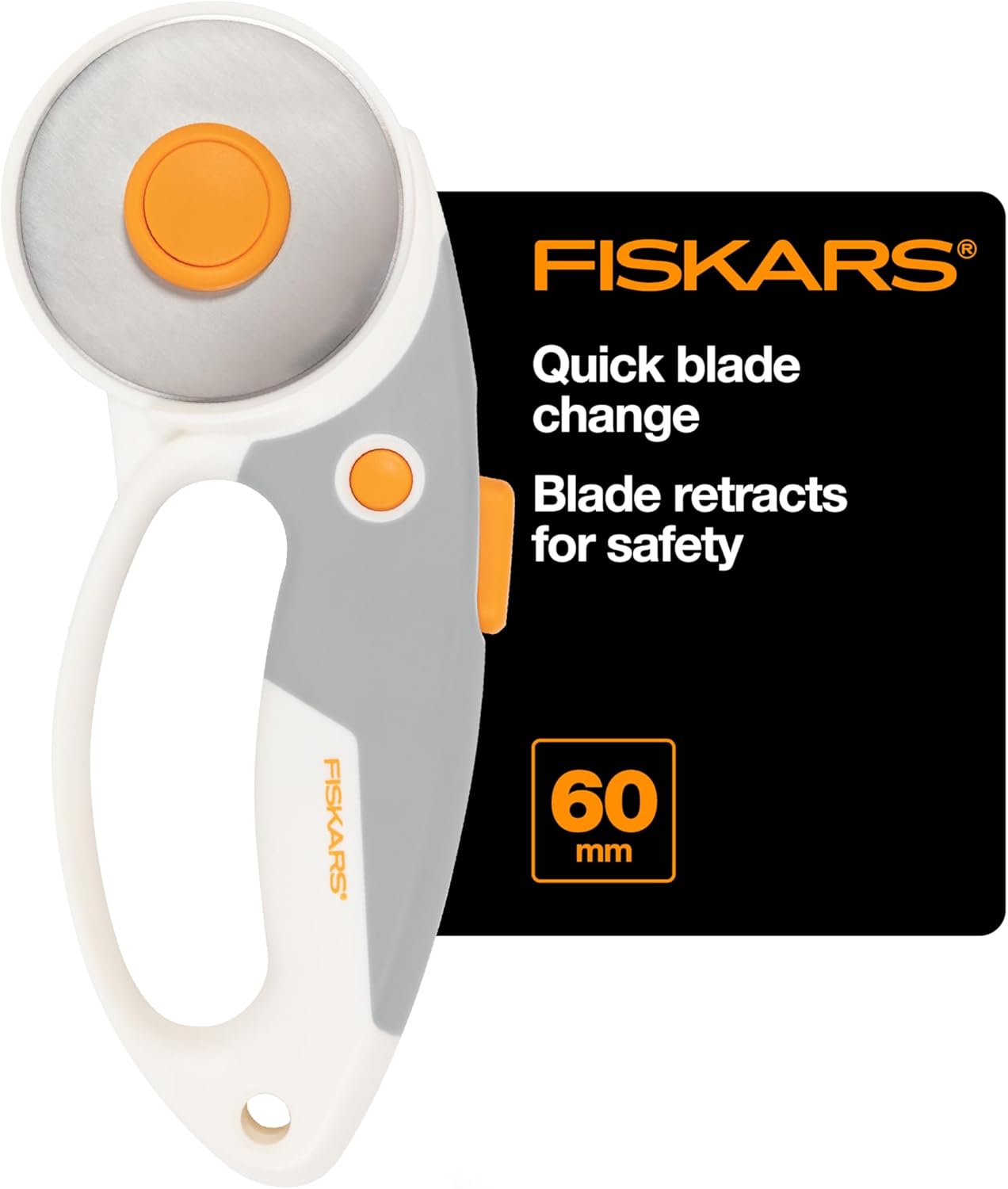 Fiskars 60mm Rotary Cutter for Fabric with Ergonomic Loop Grip And Comfort Handle, Titanium Rotary Fabric Cutter for Thick Materials, Easy and Safe Blade Change, Sewing Supplies and Quilting Tools