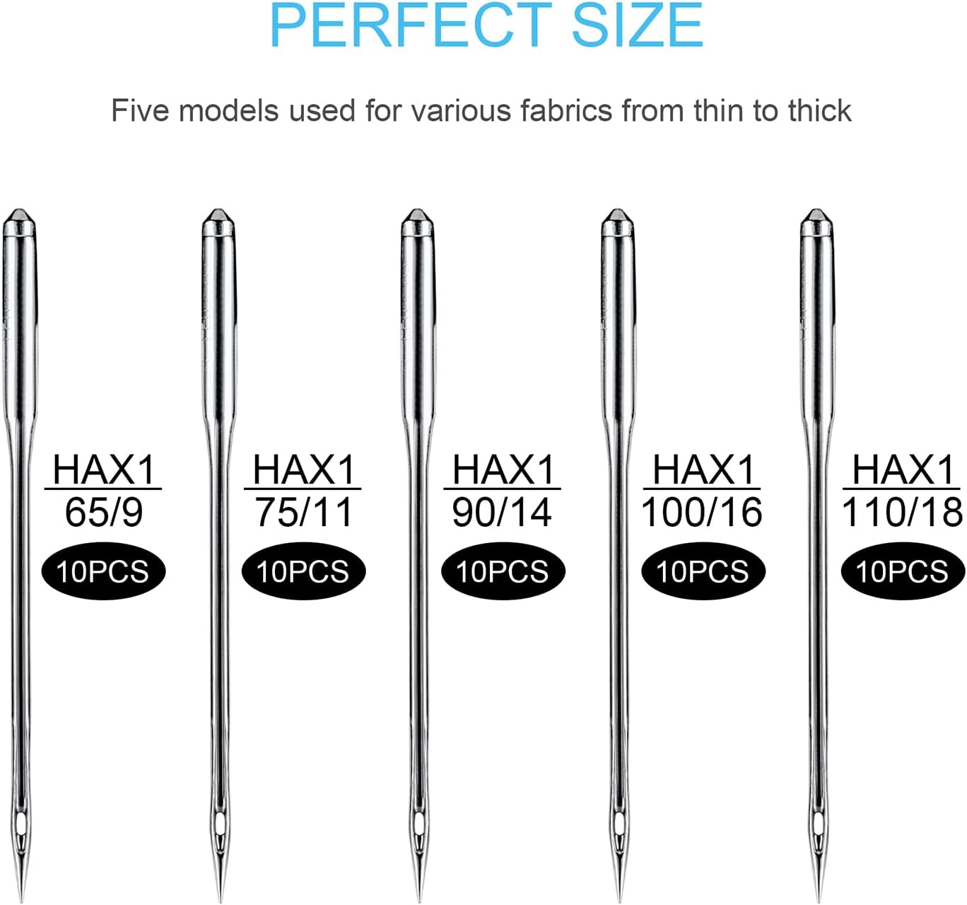 Sewing Machine Needles, 50 PCS Universal Sewing Machine Needle, Compatible with Singer, Brother, Janome, Varmax, Sizes HAX1 65/9, 75/11, 90/14, 100/16, 110/18 (50 PCS)