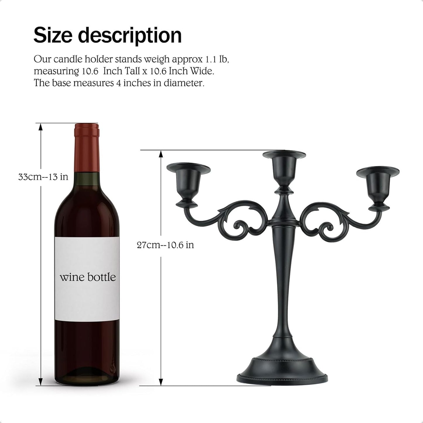 3 Metal Candelabra – Candlesticks Holder for Formal Events, Wedding, Church, Holiday Décor, Halloween – Taper Candle Holder Stand Centerpiece Elegant Decoration Piece for Table,Pure Black