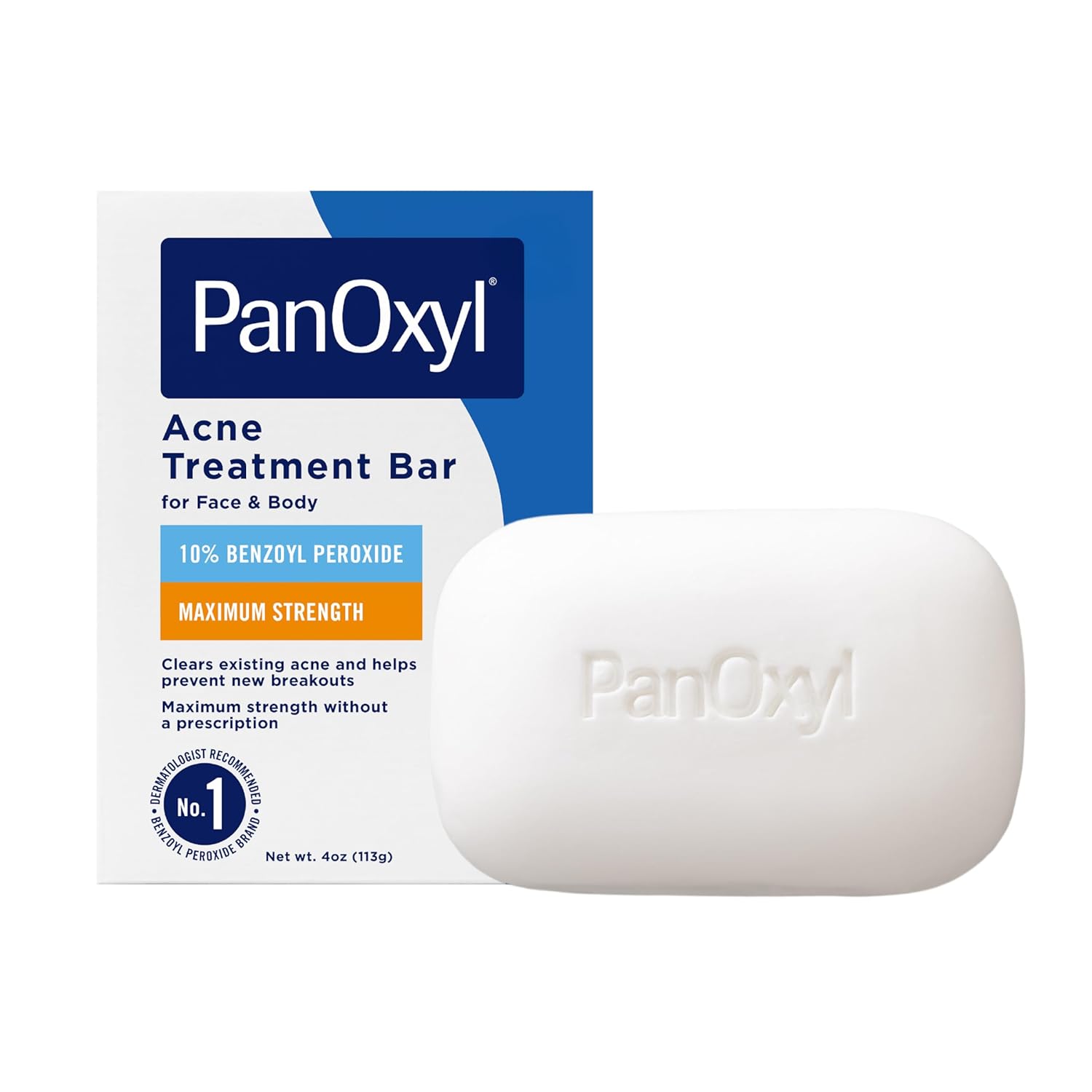 PanOxyl Acne Treatment Bar with 10% Benzoyl Peroxide, Maximum Strength Acne Bar for Face, Chest, and Back, Soap-Free Body Wash, Treats Acne Pimples, Whiteheads, Blackheads, pH Balanced, Vegan, 4 oz