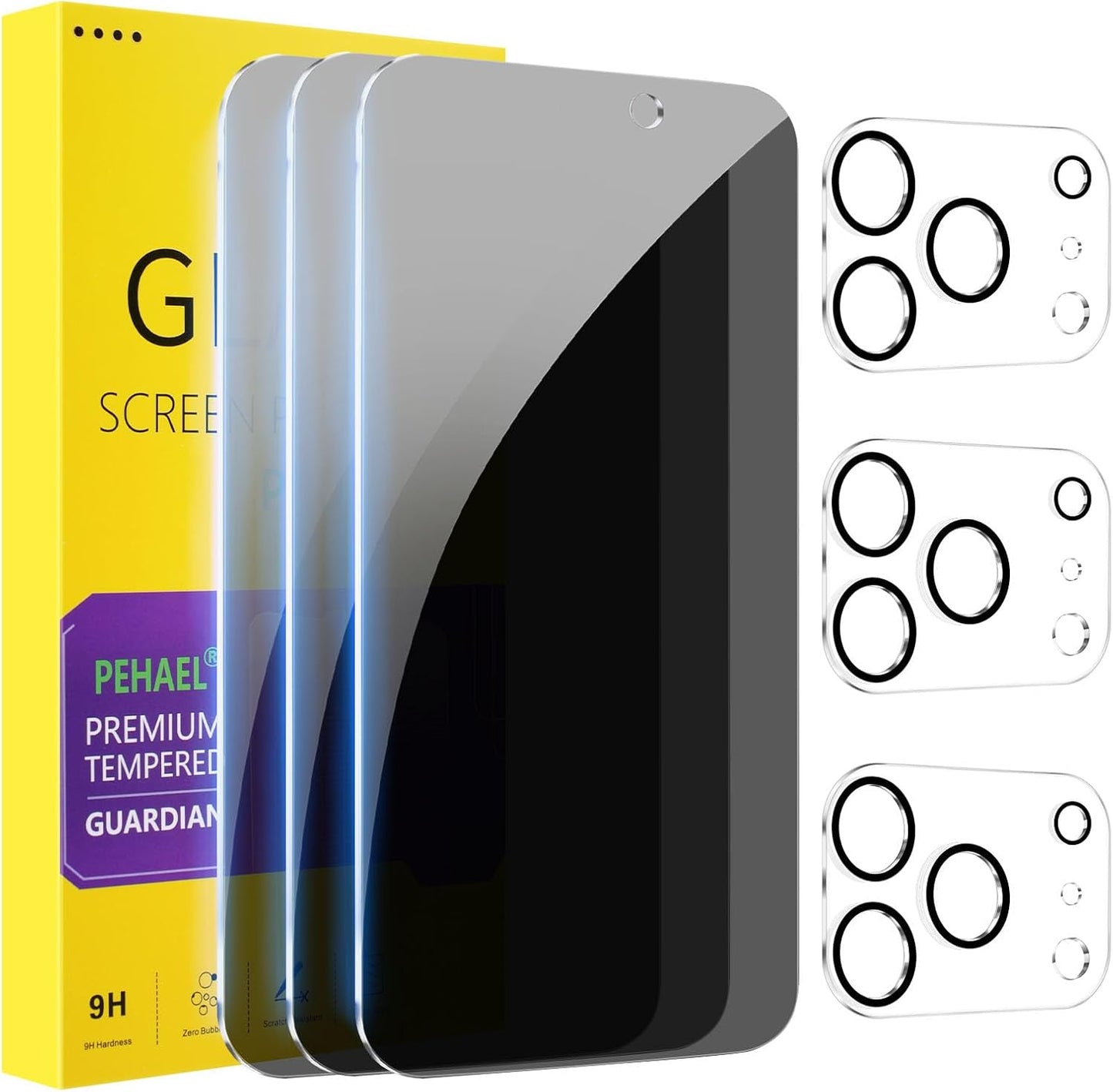 PEHAEL 3+3Pack for iPhone 17 Pro Max Privacy Screen Protector with Camera Lens Protector Full Coverage Anti-Spy Tempered Glass Film 9H Hardness Easy Installation Bubble Free [6.9 inch]