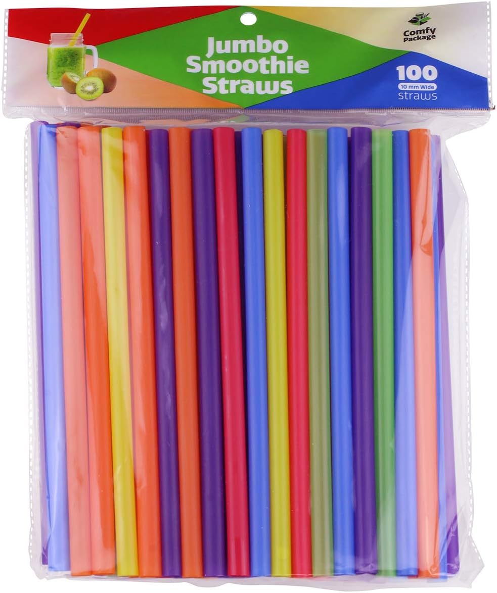 Comfy Package, [100 Count] Jumbo Plastic Smoothie Straws - 8.5" High - Assorted Colors