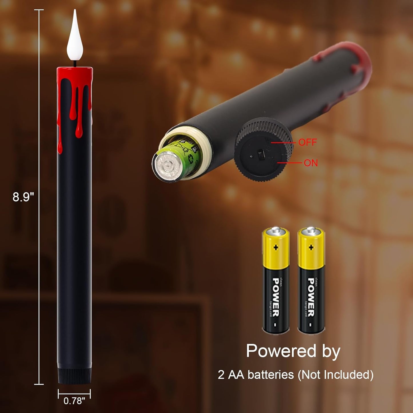 GenSwin Halloween Black Taper Flameless Candles Battery Operated with Remote Timer, 4 Pcs Drip Wax Flameless LED Candle Sticks with 3D Flickering Flame for Window Fireplace Decor (0.78 x 8.9 inches)