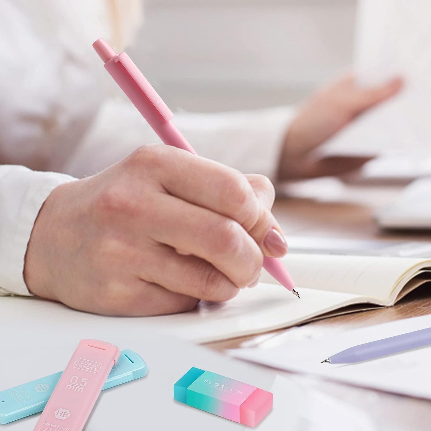 Four Candies Cute Mechanical Pencil Set, 6PCS Pastel Mechanical Pencils 0.5 & 0.7mm with 360PCS HB Leads, 3PCS Erasers and 9PCS Eraser Refills, Aesthetic School Supplies for Girls Writing