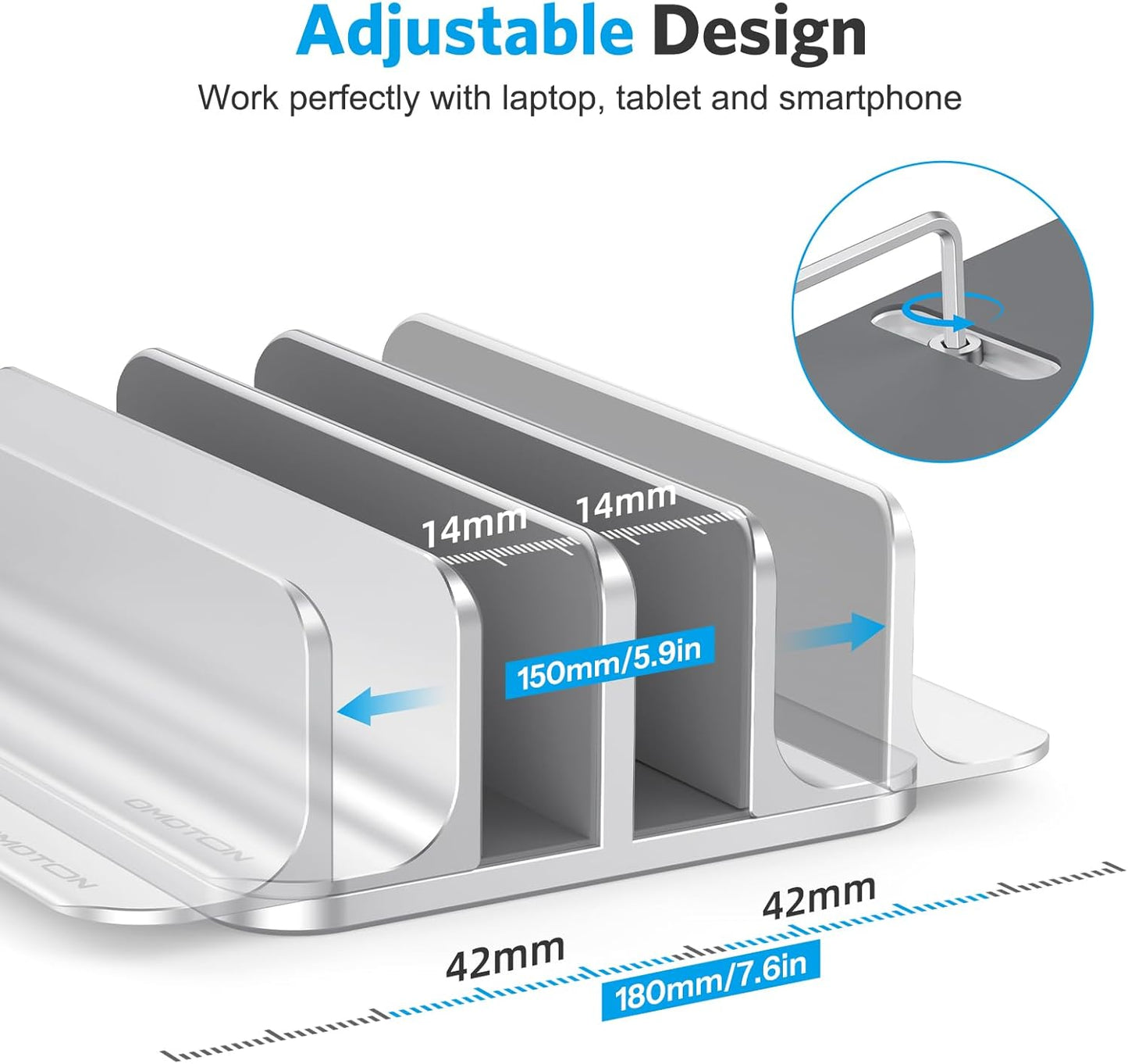 OMOTON [Updated Dock Version] Vertical Laptop Stand, Double Desktop Stand Holder with Adjustable Dock (Up to 17.3 inch), Fits All MacBok/Surface/Samsung/HP/Dell/Chrome Book (Silver)