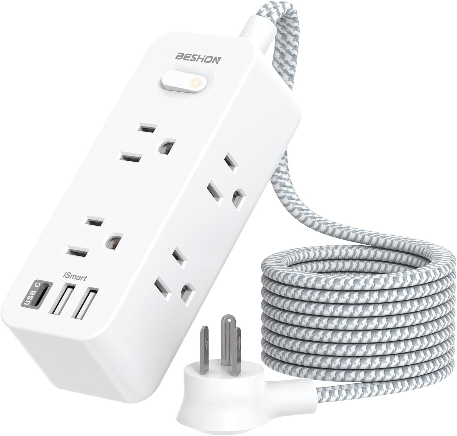 Power Strip Surge Protector, BESHON 5Ft Extension Cord, 6 Outlets with 3 USB Ports(1 USB C Outlet), 3-Side Outlet Extender, Wall Mount, Compact for Travel, Home, School, College Dorm Room and Office