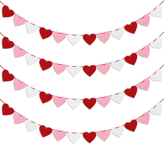 Felt Heart Garland Banner, Pre-Strung | Valentines Decorations | Red Pink White Valentines Banner | Anniversary Wedding Birthday Party Decorations | Outdoor Home Hanging Valentine's Day Decor