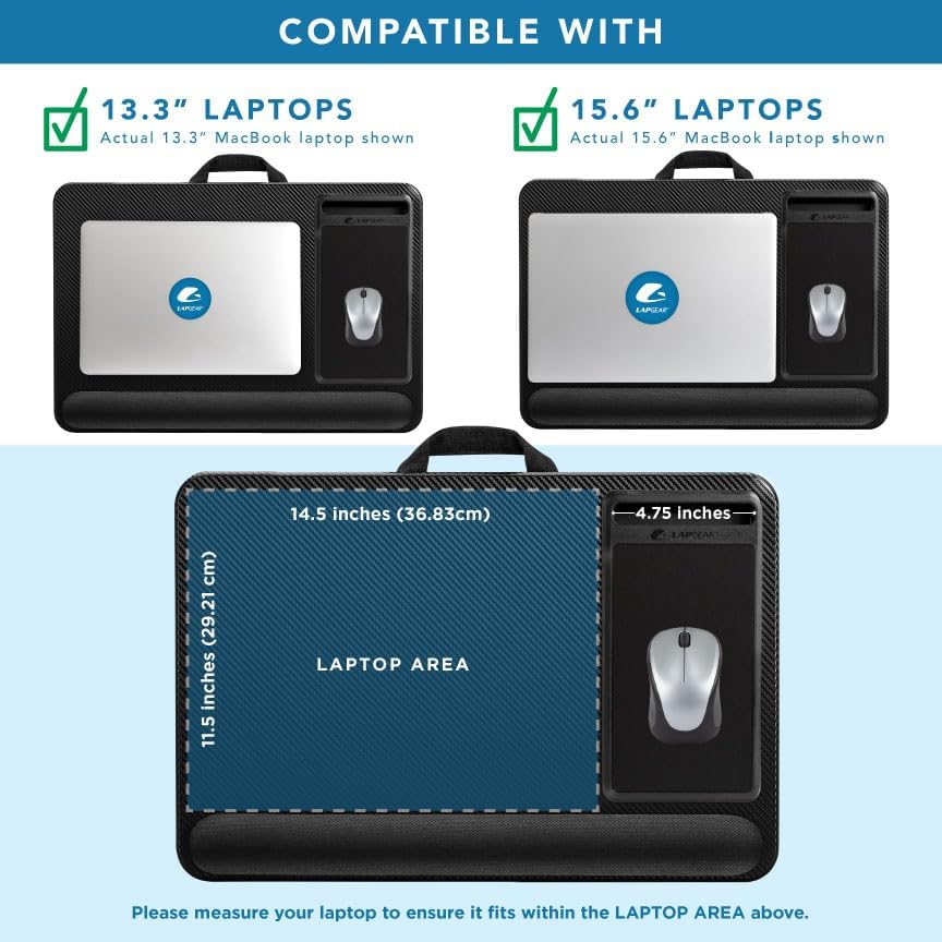 LAPGEAR Home Office Pro Lap Desk with Wrist Rest, Mouse Pad, and Phone Holder - Black Carbon - Fits up to 15.6 Inch Laptops - Style No. 91598