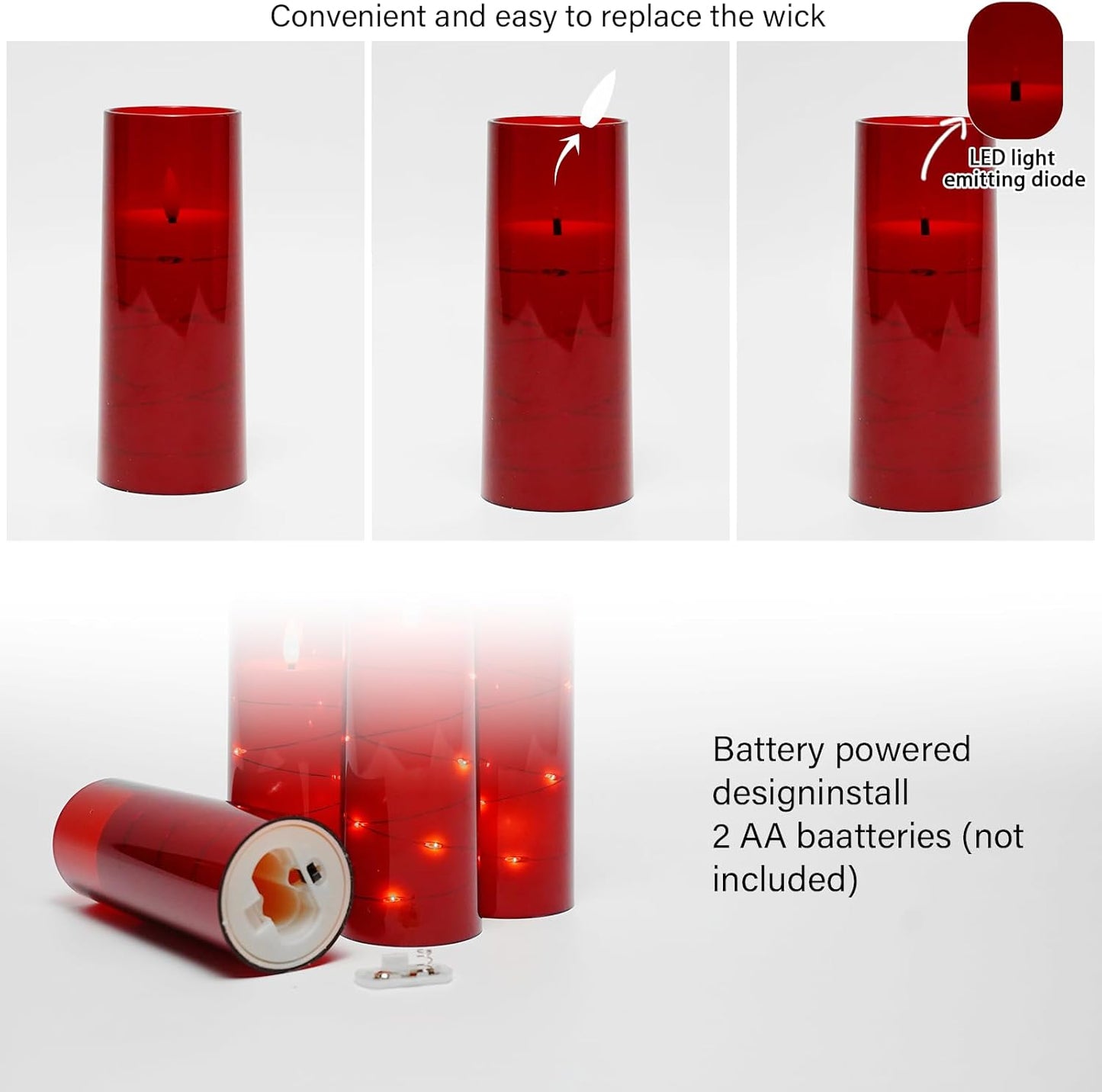 kakoya Flameless LED Candles with Timer 5 Pc Flickering Flameless Candles for Romantic Ambiance and Home Decoration Stable Acrylic Shell,with Embedded Star String，Battery Operated Candles（Red）