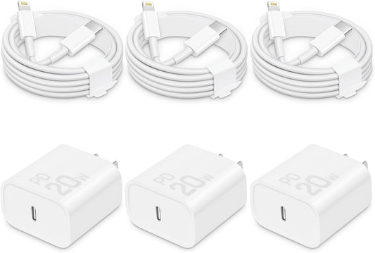 i Phone Charger Fast Charging-20W USB-C Block with 6 Ft Cord [MFi Certified] Compatible with i Phone 14/13/12/11/X Series, i Pad & More [3 Pack]
