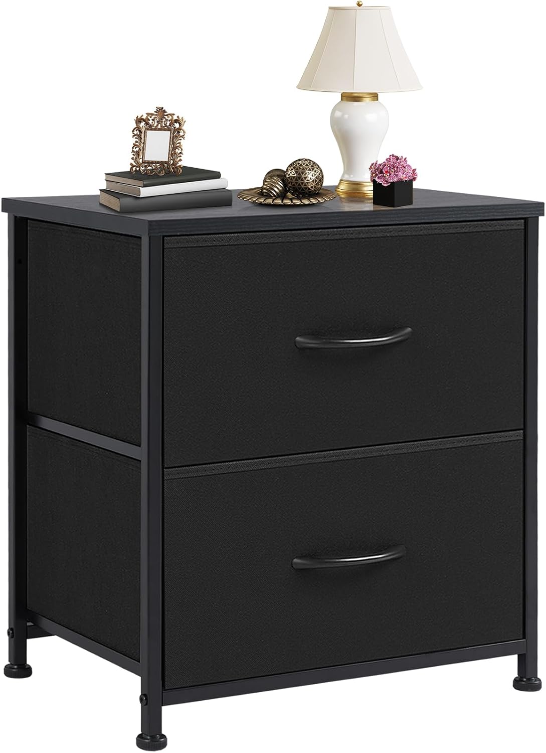 DUMOS Nightstand Small Dresser with 2 Fabric Drawers Side Tables Bedroom End Table Bedside Storage Furniture for 20 inch Tall Night Stand for Entryway, College Dorm, Classic Black