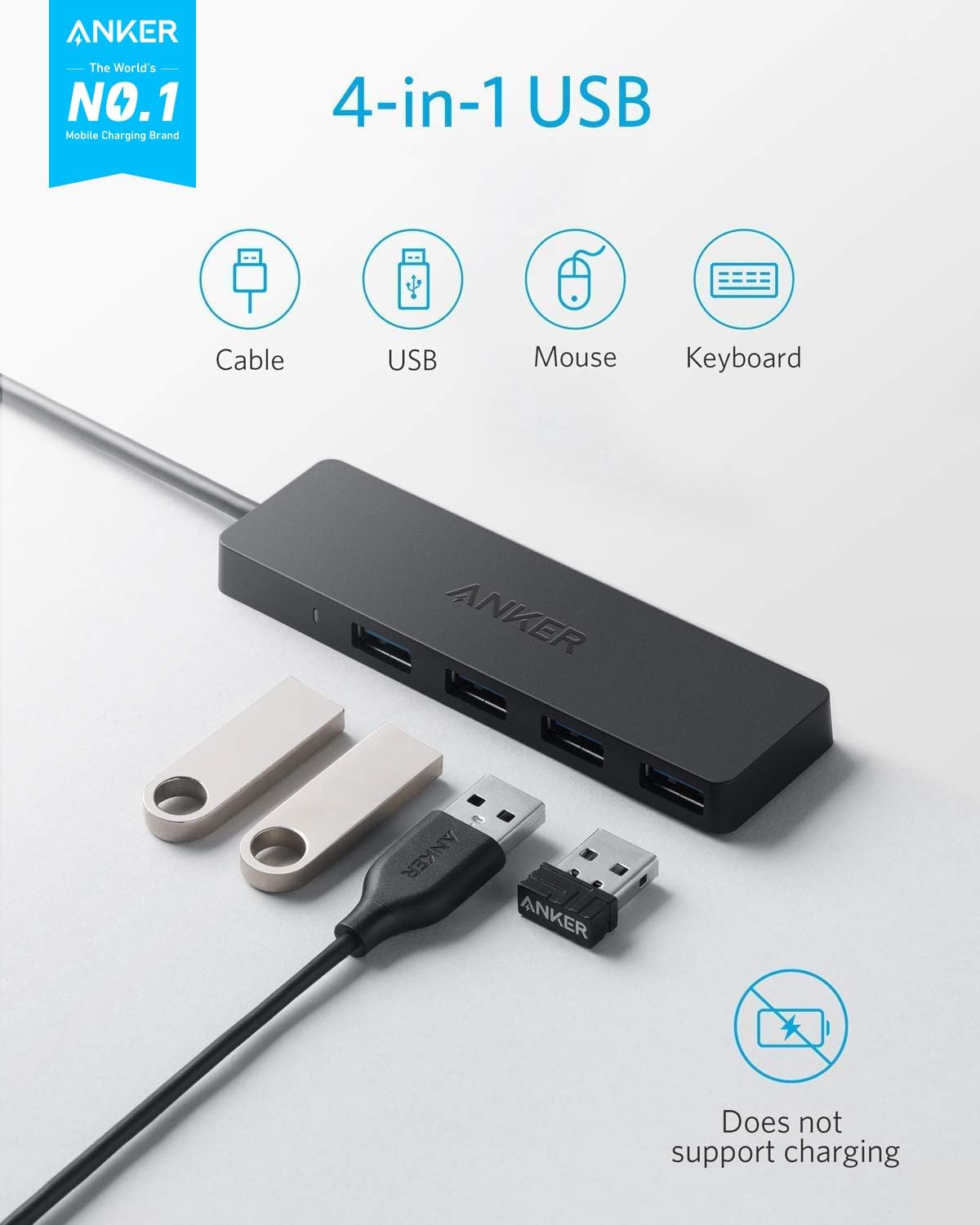 Anker USB Hub 4 Ports, Multiple USB 3.0 Hub, USB Splitter for Laptop, Extender for A Port Laptop, PC, Desktop and More [Charging Not Supported](2ft USB-A)