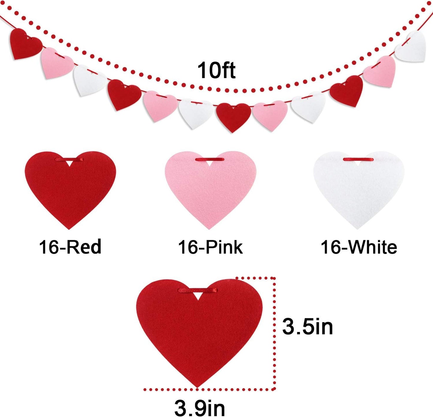 Felt Heart Garland Banner, Pre-Strung | Valentines Decorations | Red Pink White Valentines Banner | Anniversary Wedding Birthday Party Decorations | Outdoor Home Hanging Valentine's Day Decor