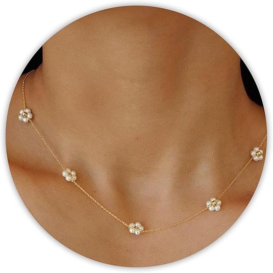 SmileBelle Pearl Necklaces for Women, Daisy Pearl Choker as Valentines Day Gifts for Teens, Silver Daisy Pearls Jewelry Trendy Stuff Birthday Gifts 3 Pearls White Necklace as Wedding Jewelry