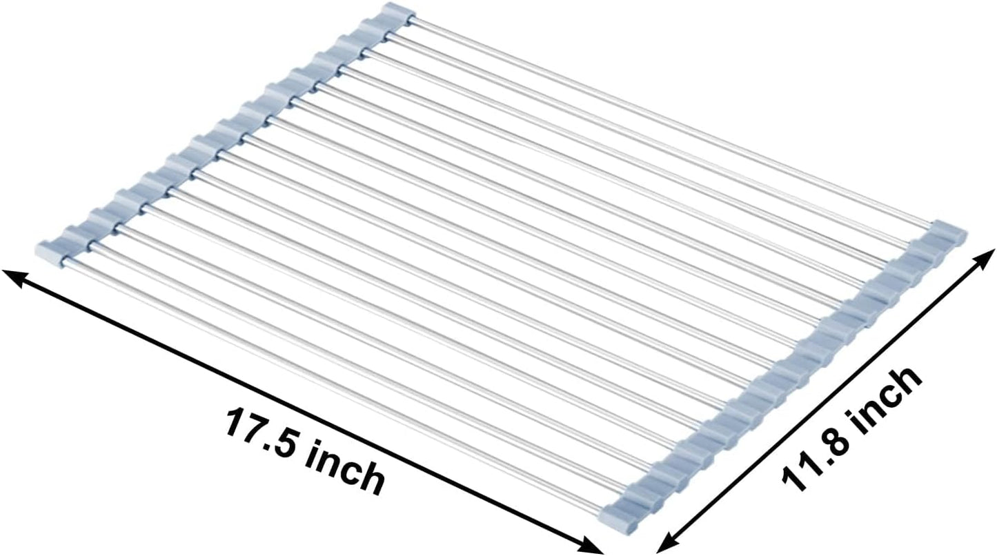 MECHEER Over The Sink Dish Drying Rack, Roll Up Dish Drying Rack Kitchen Dish Rack Stainless Steel Sink Drying Rack, Foldable Dish Drainer, Gray