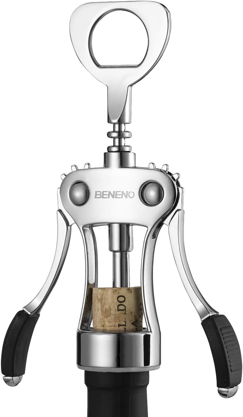 Beneno Wine Opener, Zinc Alloy Premium Wing Corkscrew with Multifunctional Bottles Opener, Sharp Wine Corkscrew with Ergonomic Non-Slip Wing Handle, Silver