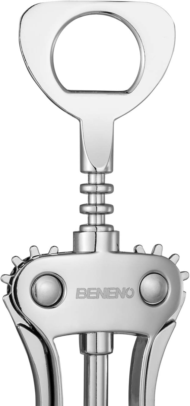 Beneno Wine Opener, Zinc Alloy Premium Wing Corkscrew with Multifunctional Bottles Opener, Sharp Wine Corkscrew with Ergonomic Non-Slip Wing Handle, Silver
