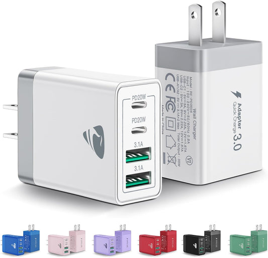 [2-Pack] USB C Wall Charger, 40W Fast USB C Charger Block, 4-Port PD Power Adapter + QC Wall Plug Multiport Type C Charging Block Cube Compatible with iPhone 16 15 14 13 12 11 Pro Max XR XS 8, Samsung