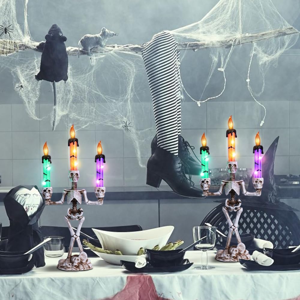 MEETYAMOR 2 Pcs Skull Halloween Candelabra Decorations Indoor, Halloween Candles Holder with LED Lights for Scary Haunted House Mansion Decor, Battery Operated Timer Candlesticks for Table Home Party
